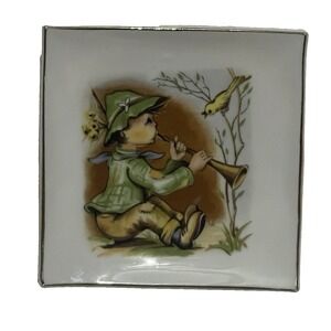 Vintage Small Square Decorative Plate Boy Playing Music to‎ Bird Gold Trim Charm